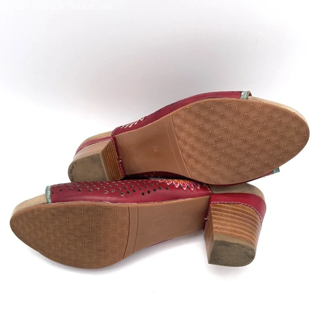 Spring Step L'Artiste Leather Upper Perforated Slingback Heels Red Women's 39